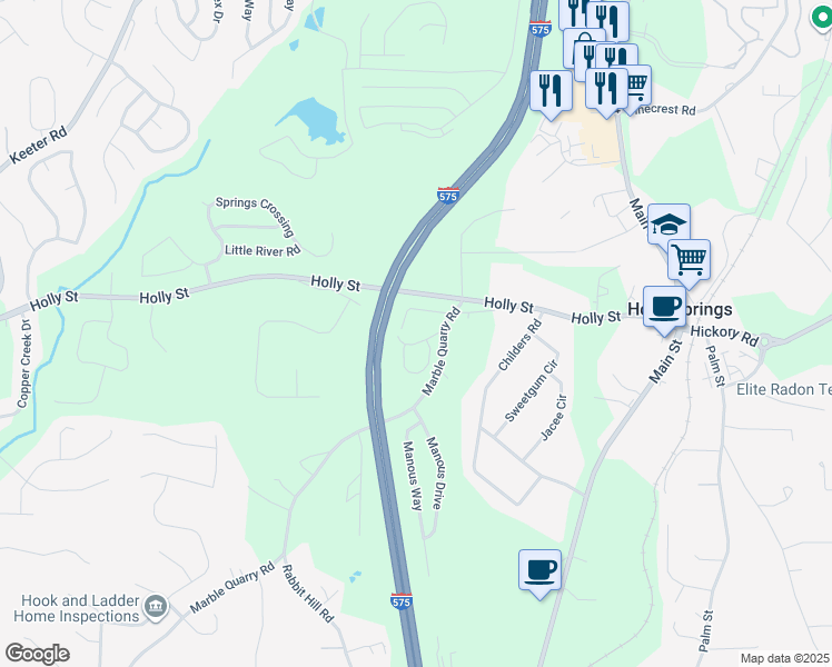 map of restaurants, bars, coffee shops, grocery stores, and more near 1557 Marble Quarry Road in Holly Springs