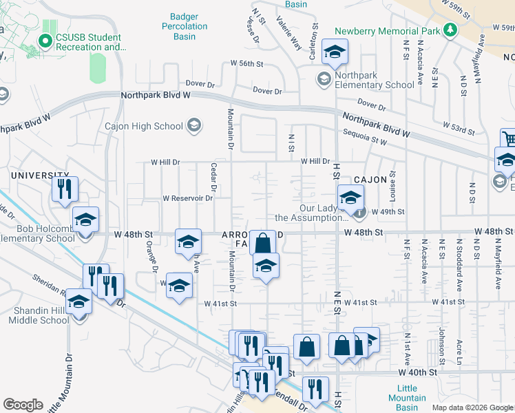 map of restaurants, bars, coffee shops, grocery stores, and more near 4250 North 3rd Avenue in San Bernardino County