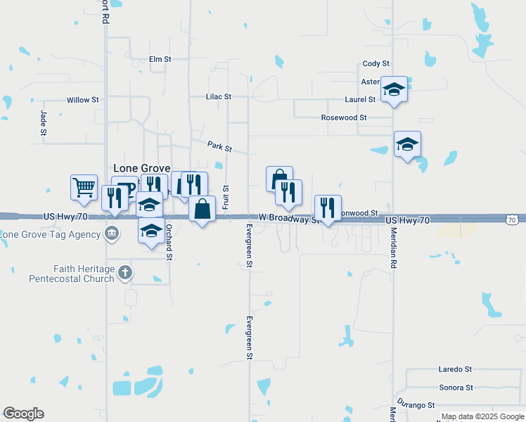 map of restaurants, bars, coffee shops, grocery stores, and more near 16484 West Broadway Street in Lone Grove