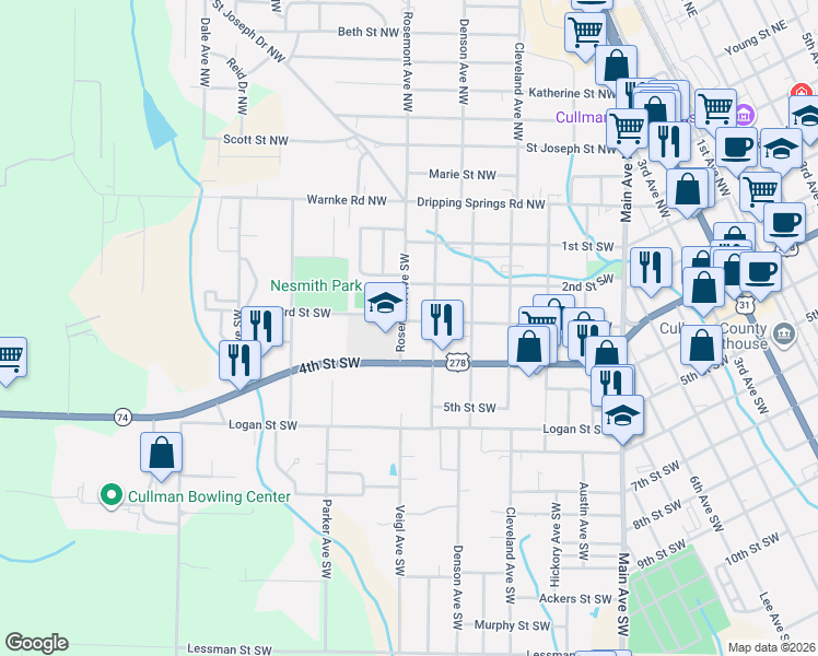 map of restaurants, bars, coffee shops, grocery stores, and more near 305 Morgan Avenue Northwest in Cullman