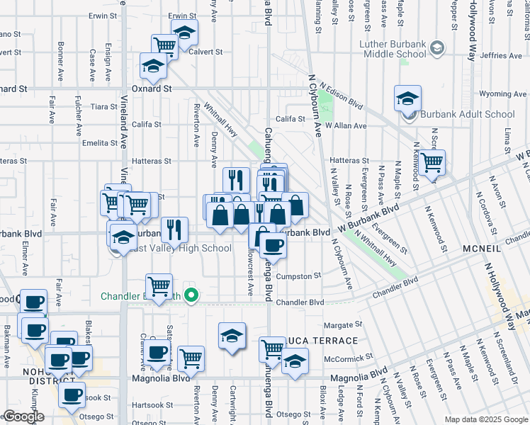 map of restaurants, bars, coffee shops, grocery stores, and more near 5629 Cahuenga Boulevard in Los Angeles
