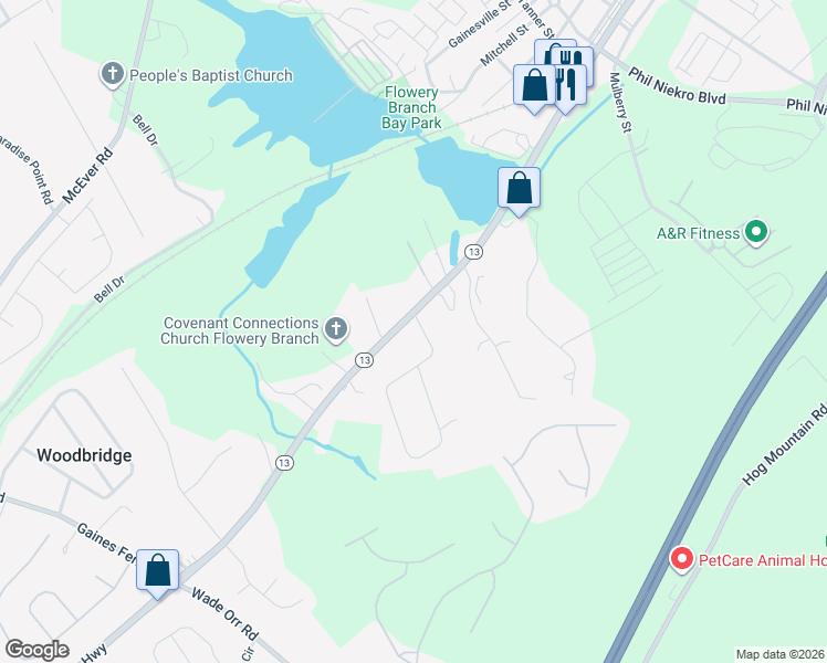 map of restaurants, bars, coffee shops, grocery stores, and more near 5753 Atlanta Highway in Flowery Branch