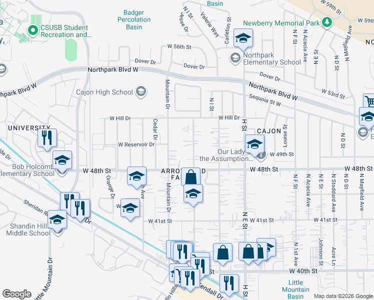 map of restaurants, bars, coffee shops, grocery stores, and more near 4250 North 3rd Avenue in San Bernardino County