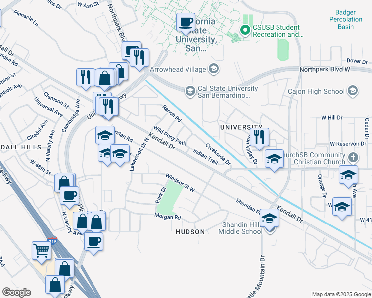 map of restaurants, bars, coffee shops, grocery stores, and more near 1551 Indian Trail in San Bernardino
