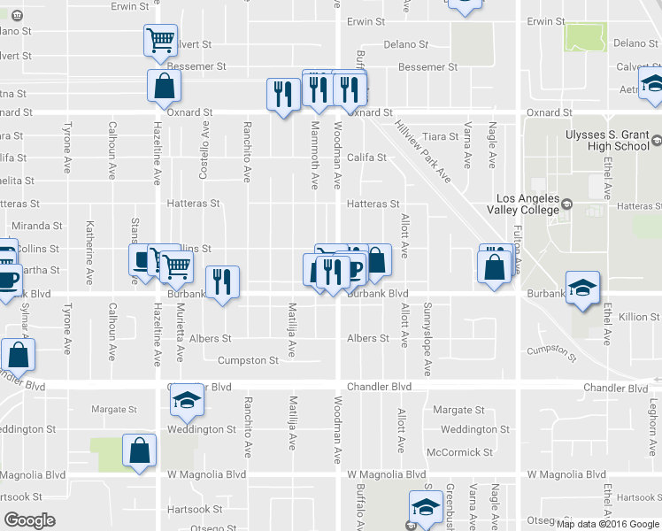 map of restaurants, bars, coffee shops, grocery stores, and more near 5635 Woodman Avenue in Los Angeles