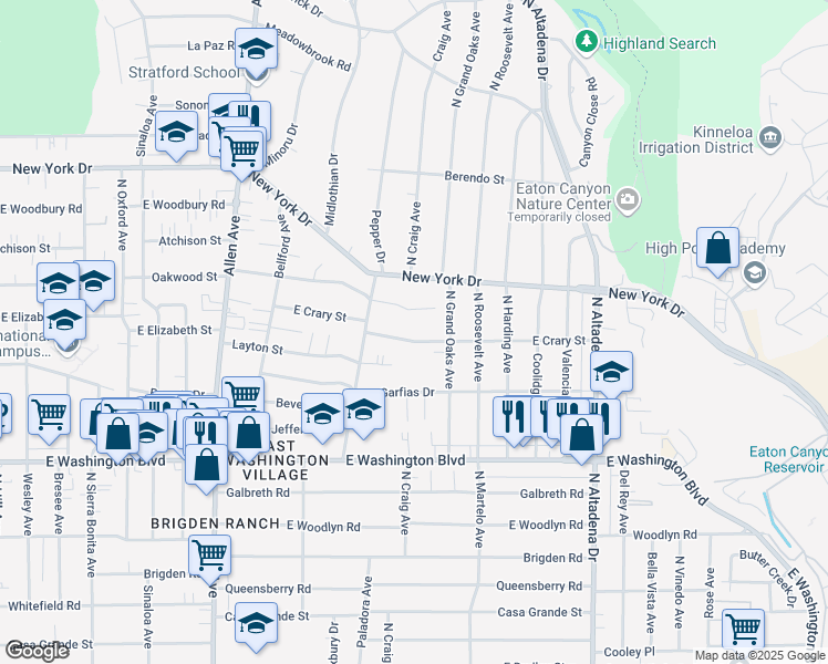 map of restaurants, bars, coffee shops, grocery stores, and more near 2201 East Crary Street in Pasadena