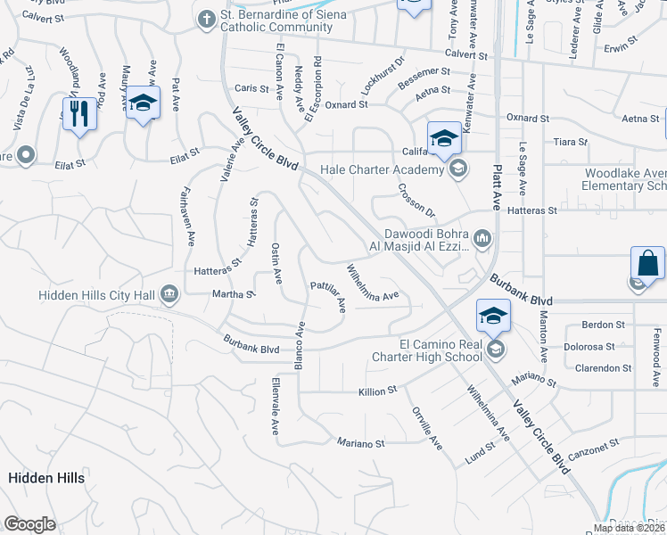 map of restaurants, bars, coffee shops, grocery stores, and more near 24060 Hatteras Street in Los Angeles