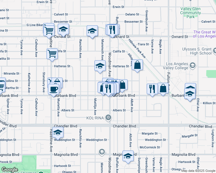 map of restaurants, bars, coffee shops, grocery stores, and more near 5635 Woodman Avenue in Los Angeles