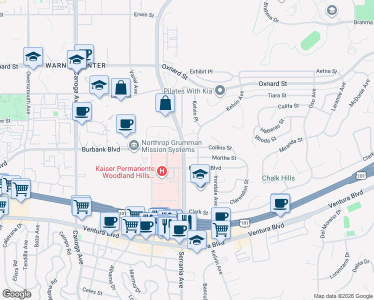 map of restaurants, bars, coffee shops, grocery stores, and more near 20872 Collins Street in Los Angeles