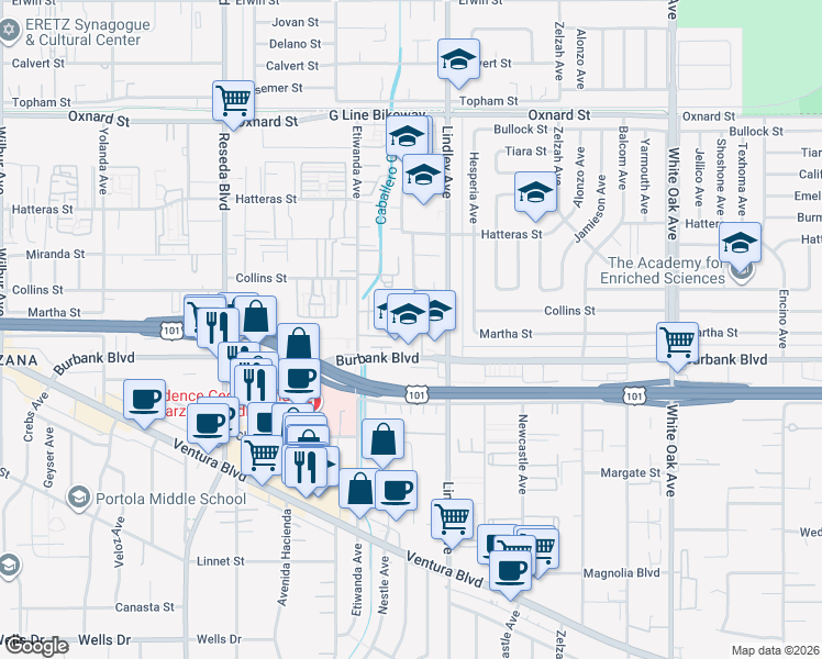 map of restaurants, bars, coffee shops, grocery stores, and more near 18135 Burbank Boulevard in Los Angeles