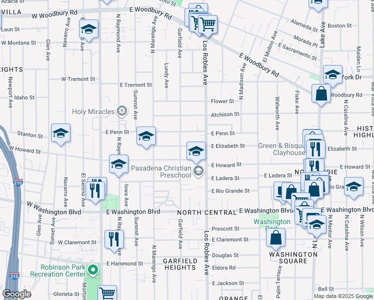 map of restaurants, bars, coffee shops, grocery stores, and more near 373 East Howard Street in Pasadena