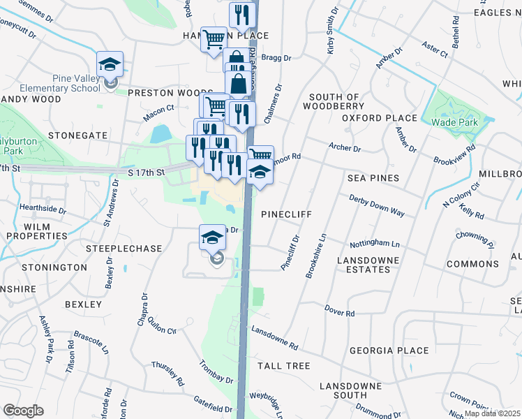 map of restaurants, bars, coffee shops, grocery stores, and more near 3807 South College Road in Wilmington