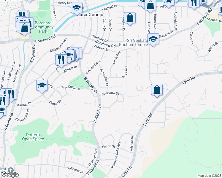 map of restaurants, bars, coffee shops, grocery stores, and more near 3028 Wauneta Street in Thousand Oaks