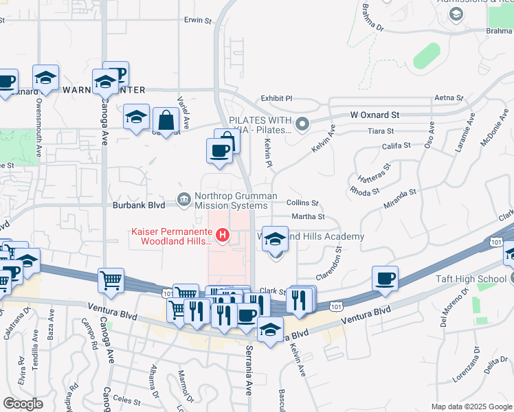 map of restaurants, bars, coffee shops, grocery stores, and more near 20872 Collins Street in Los Angeles