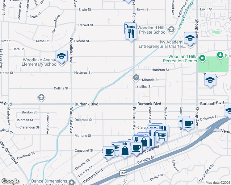 map of restaurants, bars, coffee shops, grocery stores, and more near 22910 Collins Street in Los Angeles