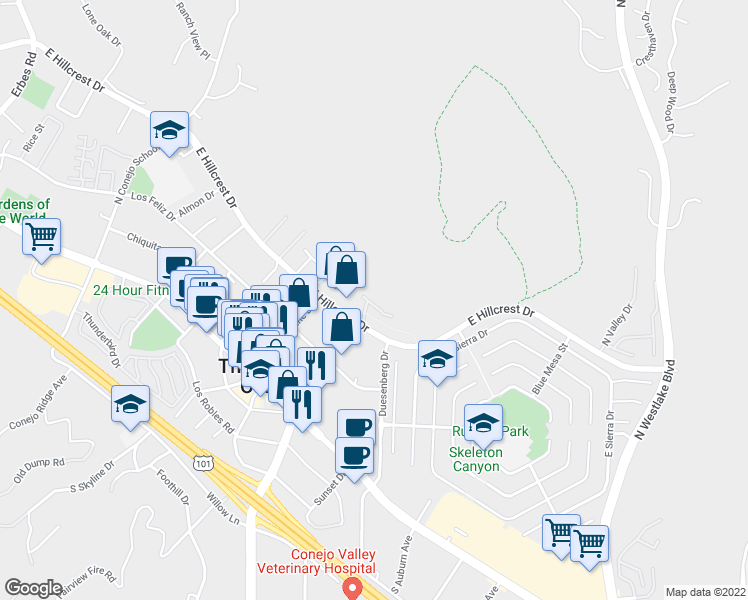 map of restaurants, bars, coffee shops, grocery stores, and more near 3009 East Hillcrest Drive in Westlake Village