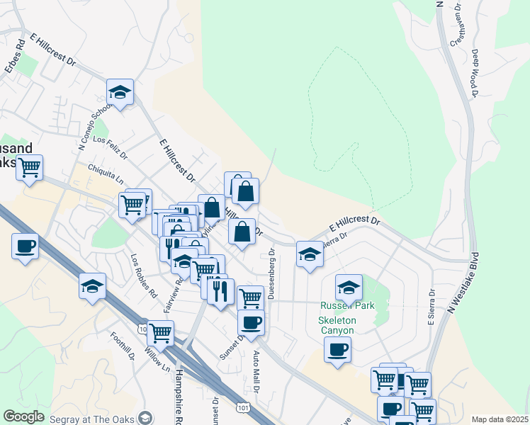 map of restaurants, bars, coffee shops, grocery stores, and more near 3009 East Hillcrest Drive in Westlake Village