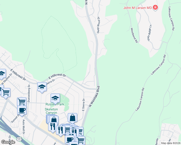 map of restaurants, bars, coffee shops, grocery stores, and more near 736 North Valley Drive in Westlake Village