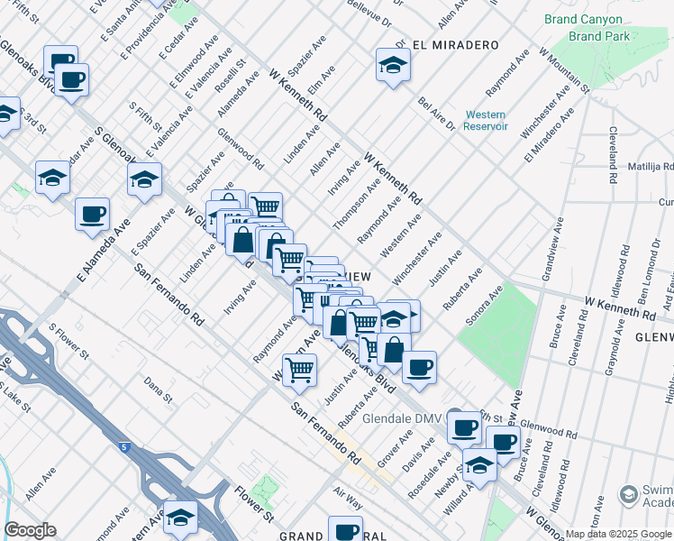 map of restaurants, bars, coffee shops, grocery stores, and more near in Glendale