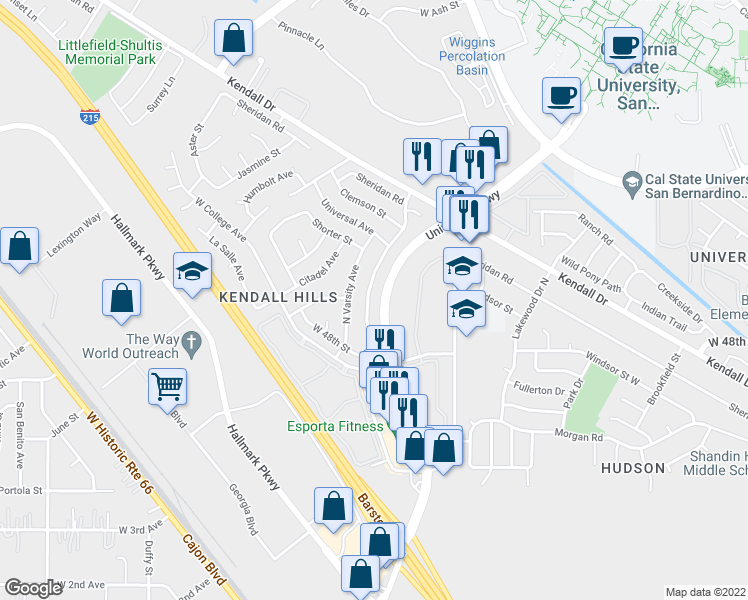 map of restaurants, bars, coffee shops, grocery stores, and more near 4995 Cambridge Avenue in San Bernardino