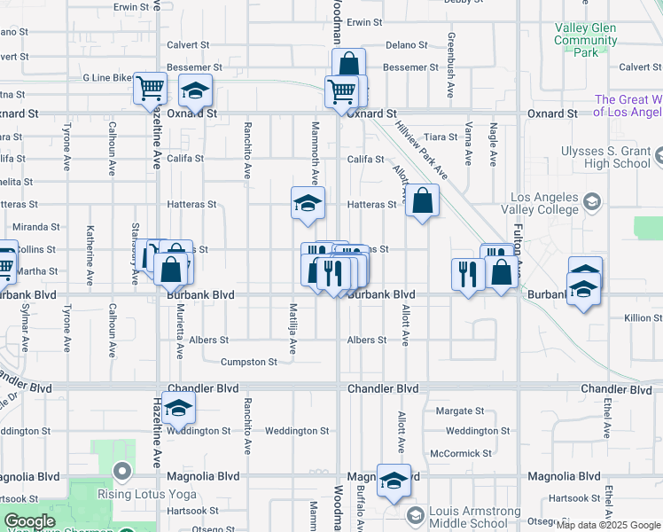 map of restaurants, bars, coffee shops, grocery stores, and more near 5635 Woodman Avenue in Los Angeles