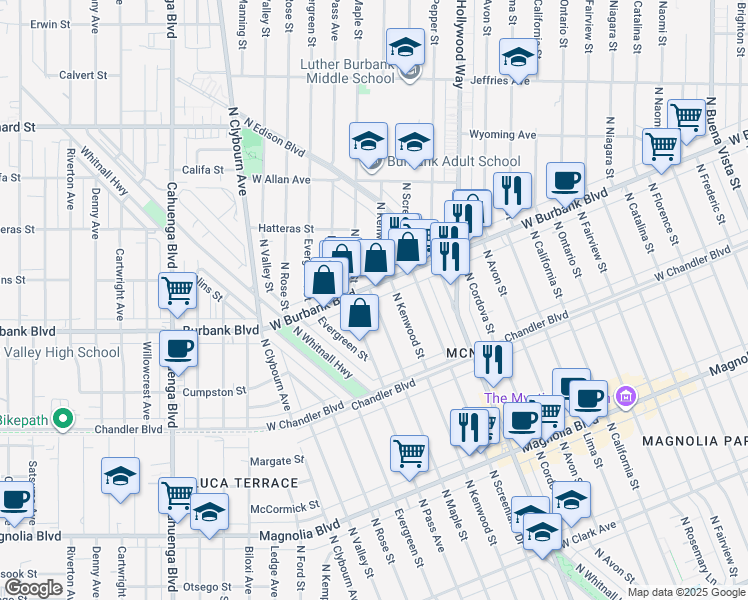 map of restaurants, bars, coffee shops, grocery stores, and more near 1371 North Maple Street in Burbank