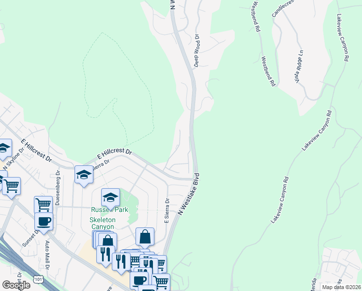 map of restaurants, bars, coffee shops, grocery stores, and more near 736 North Valley Drive in Westlake Village