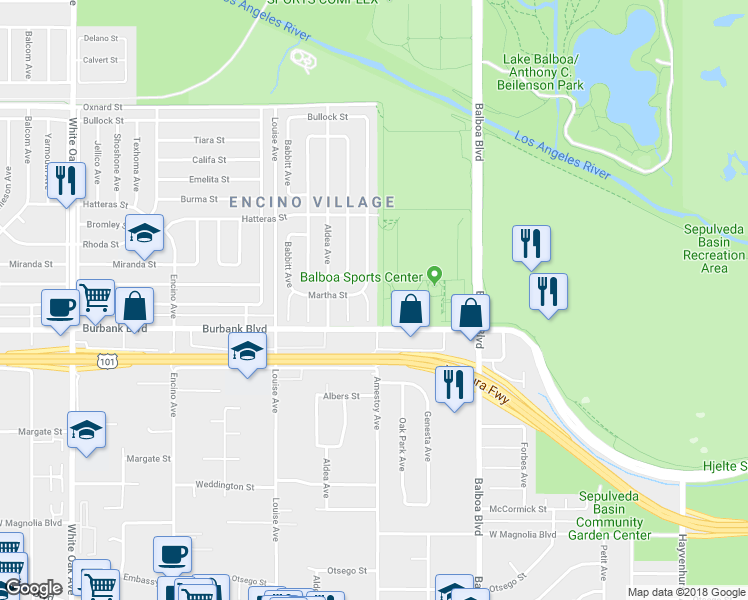 map of restaurants, bars, coffee shops, grocery stores, and more near 5628 Wish Avenue in Los Angeles