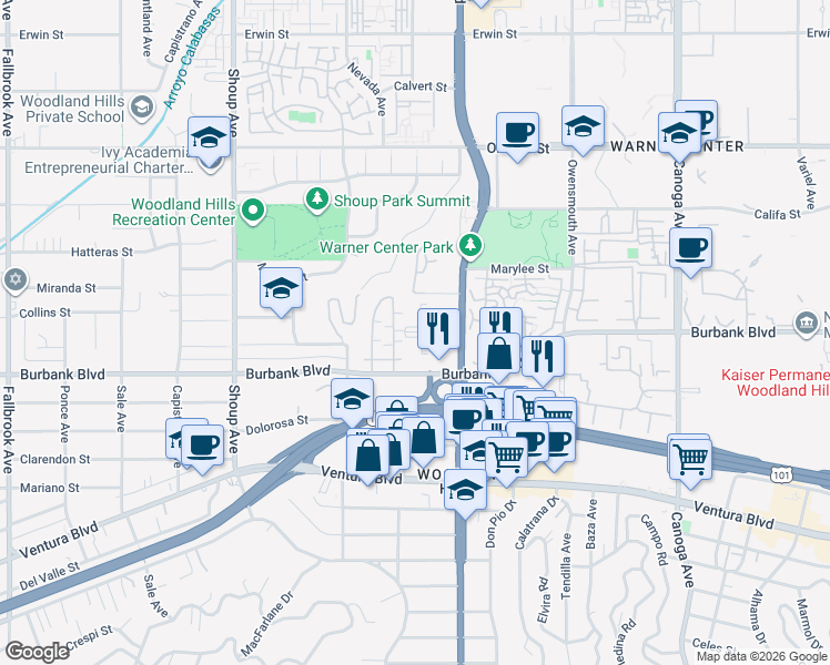 map of restaurants, bars, coffee shops, grocery stores, and more near 22035 Burbank Boulevard in Los Angeles