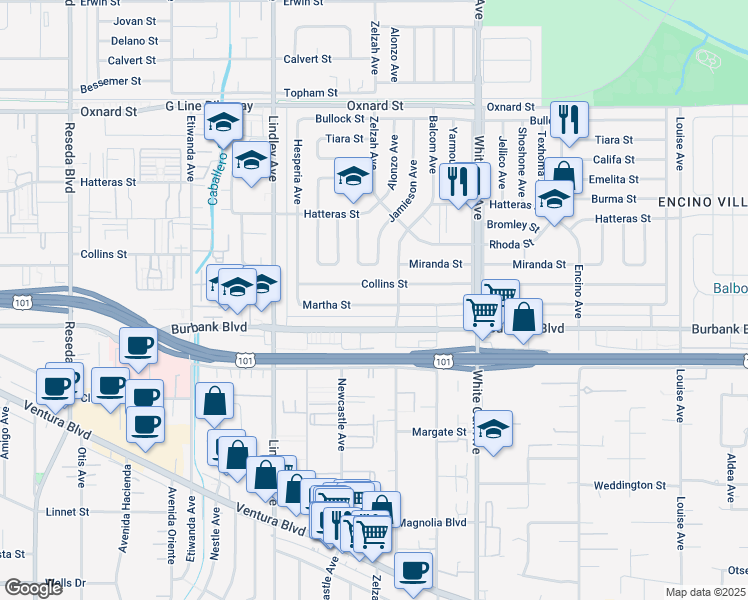 map of restaurants, bars, coffee shops, grocery stores, and more near 17929 Martha Street in Los Angeles