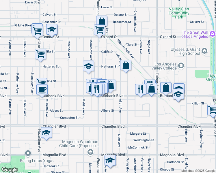 map of restaurants, bars, coffee shops, grocery stores, and more near 5638 Buffalo Avenue in Los Angeles