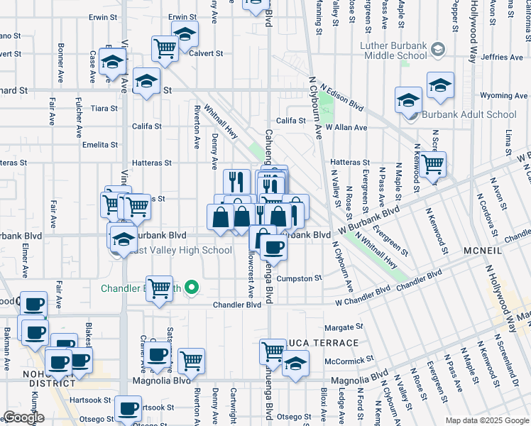 map of restaurants, bars, coffee shops, grocery stores, and more near 5629 Cahuenga Boulevard in Los Angeles