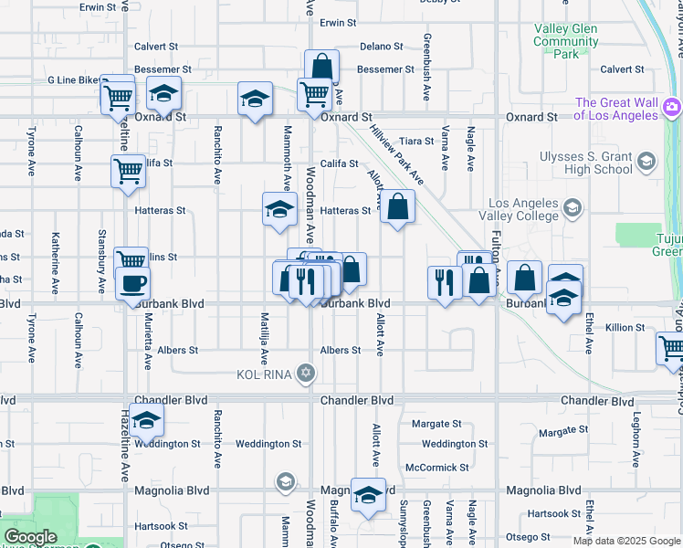 map of restaurants, bars, coffee shops, grocery stores, and more near 5638 Buffalo Avenue in Los Angeles