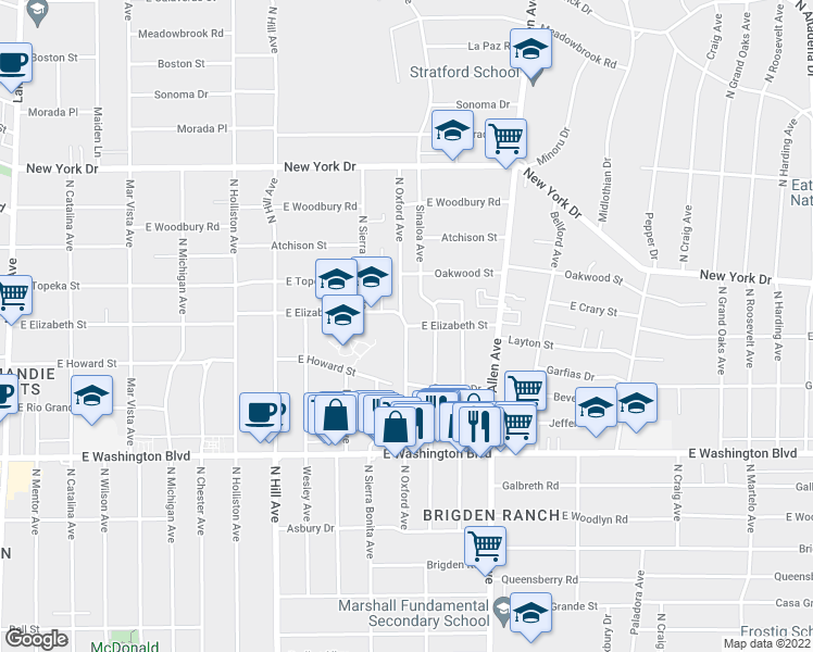 map of restaurants, bars, coffee shops, grocery stores, and more near East Elizabeth Street & North Oxford Avenue in Pasadena