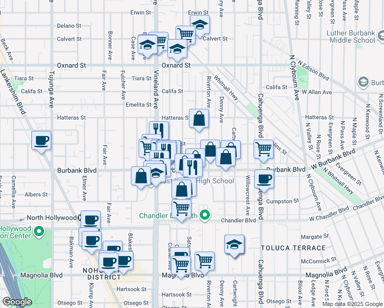 map of restaurants, bars, coffee shops, grocery stores, and more near 5639 Satsuma Avenue in Los Angeles