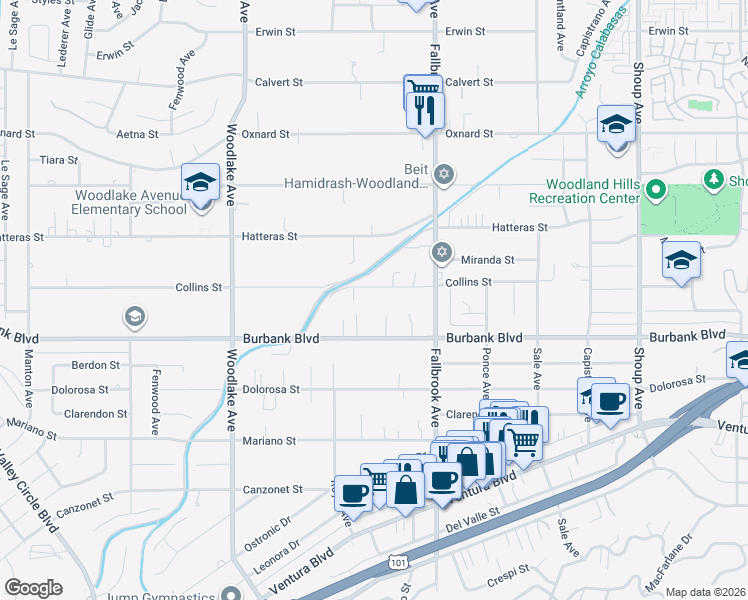 map of restaurants, bars, coffee shops, grocery stores, and more near 22910 Collins Street in Los Angeles