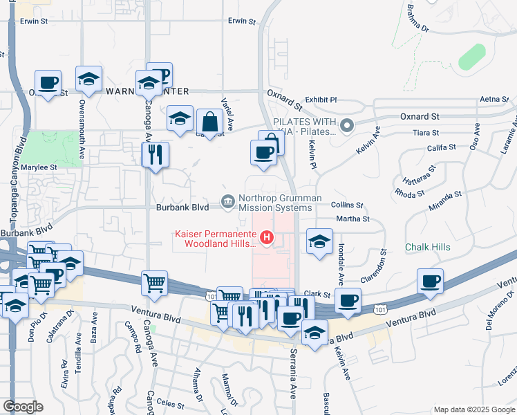 map of restaurants, bars, coffee shops, grocery stores, and more near 21050 West Burbank Boulevard in Los Angeles