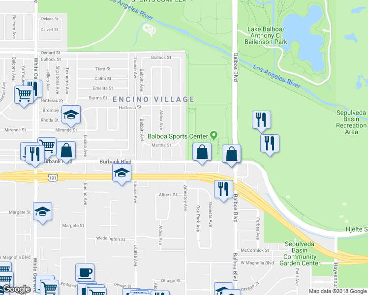 map of restaurants, bars, coffee shops, grocery stores, and more near 5628 Wish Avenue in Los Angeles