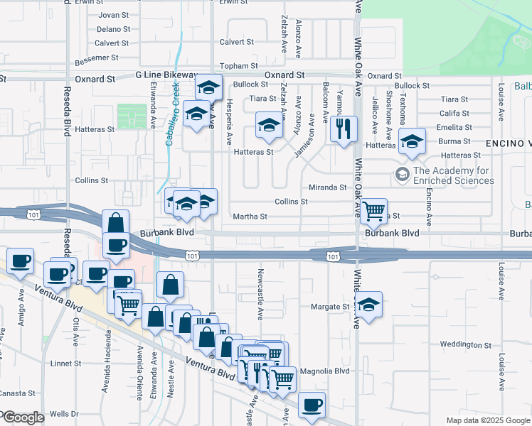 map of restaurants, bars, coffee shops, grocery stores, and more near 17961 Martha Street in Los Angeles
