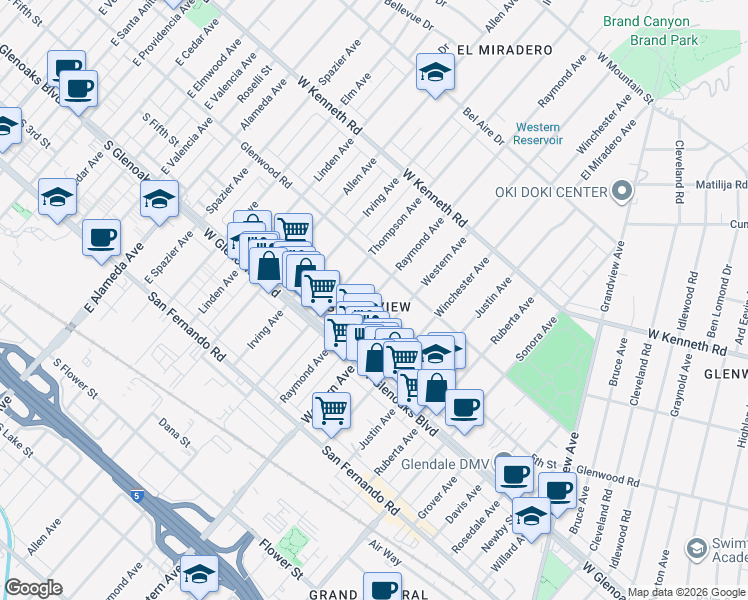 map of restaurants, bars, coffee shops, grocery stores, and more near in Glendale