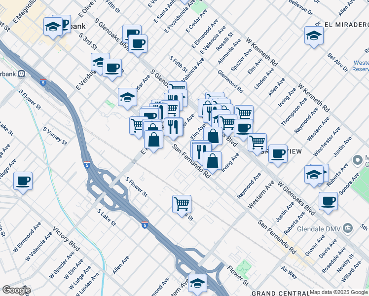 map of restaurants, bars, coffee shops, grocery stores, and more near in Glendale