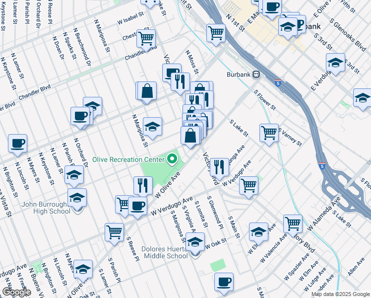 map of restaurants, bars, coffee shops, grocery stores, and more near 1020 West Clark Avenue in Burbank