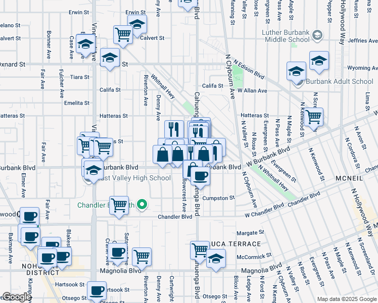 map of restaurants, bars, coffee shops, grocery stores, and more near 5629 Cahuenga Boulevard in Los Angeles