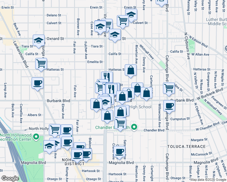 map of restaurants, bars, coffee shops, grocery stores, and more near 5629 Craner Avenue in Los Angeles