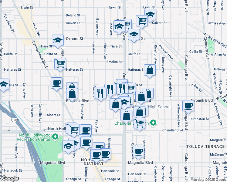 map of restaurants, bars, coffee shops, grocery stores, and more near 5630 Fulcher Avenue in Los Angeles
