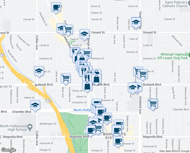 map of restaurants, bars, coffee shops, grocery stores, and more near 11348 Martha Street in Los Angeles