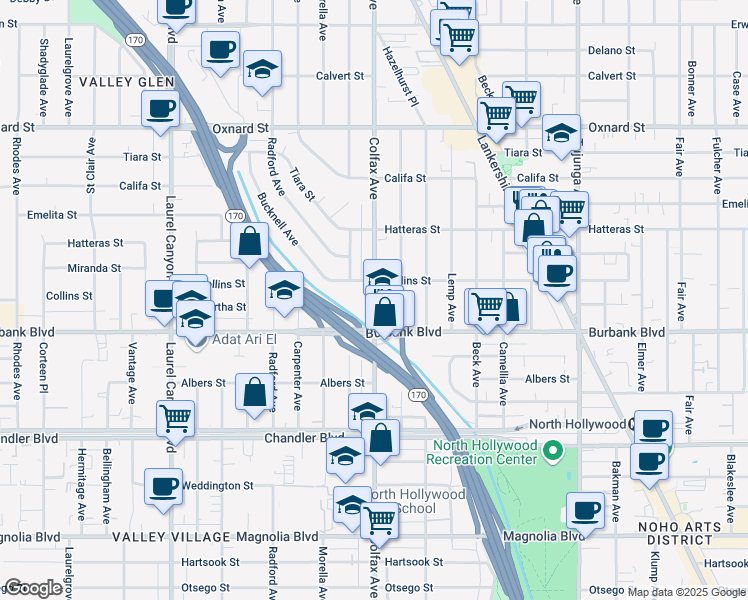 map of restaurants, bars, coffee shops, grocery stores, and more near 5628 Colfax Avenue in Los Angeles