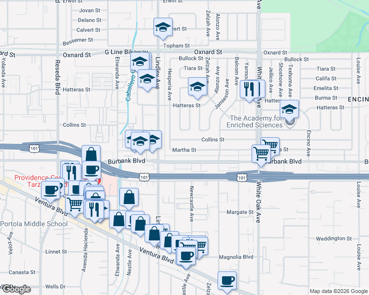 map of restaurants, bars, coffee shops, grocery stores, and more near 18030 Martha Street in Los Angeles
