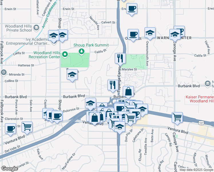 map of restaurants, bars, coffee shops, grocery stores, and more near 22035 Burbank Boulevard in Los Angeles