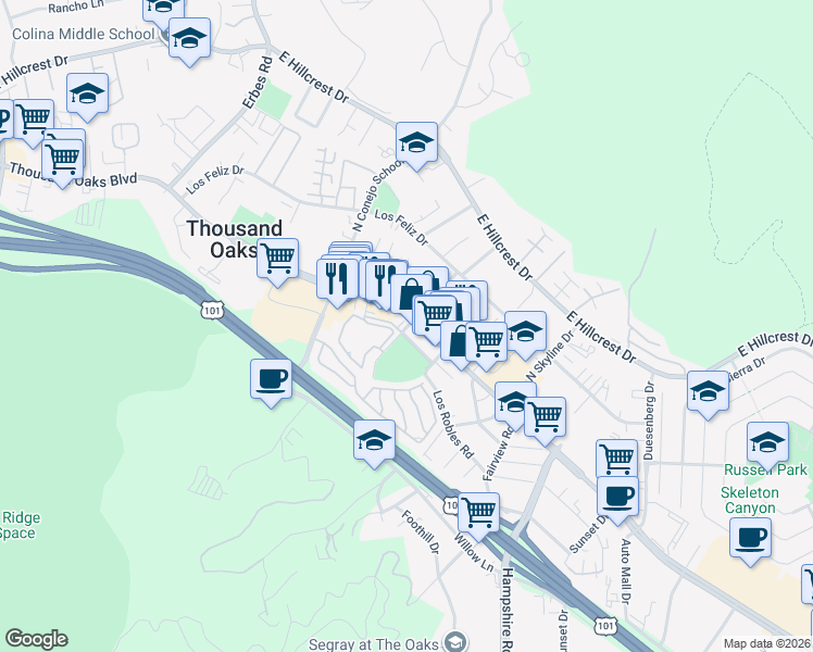 map of restaurants, bars, coffee shops, grocery stores, and more near in Thousand Oaks